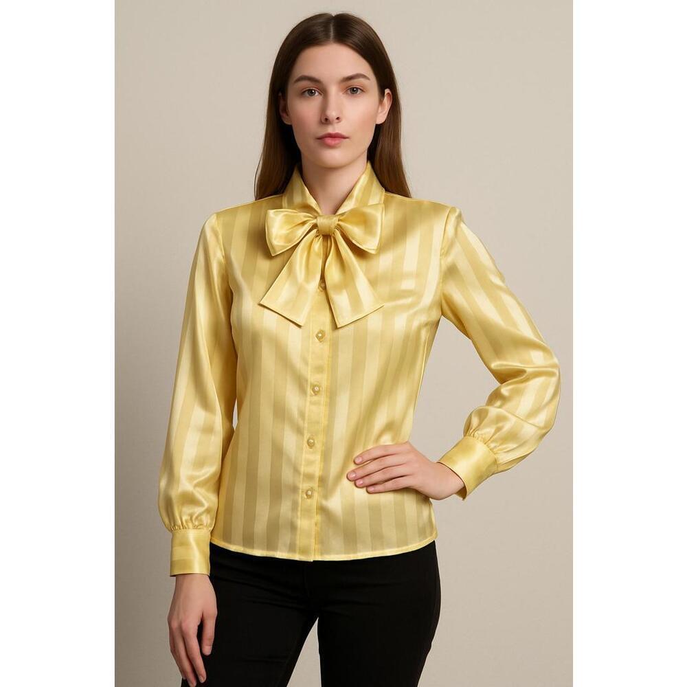 VTG 70s Sears JR Bazaar Gold Pussybow Blouse Sz 9 Shiny Satin Secretary - Picture 1 of 6